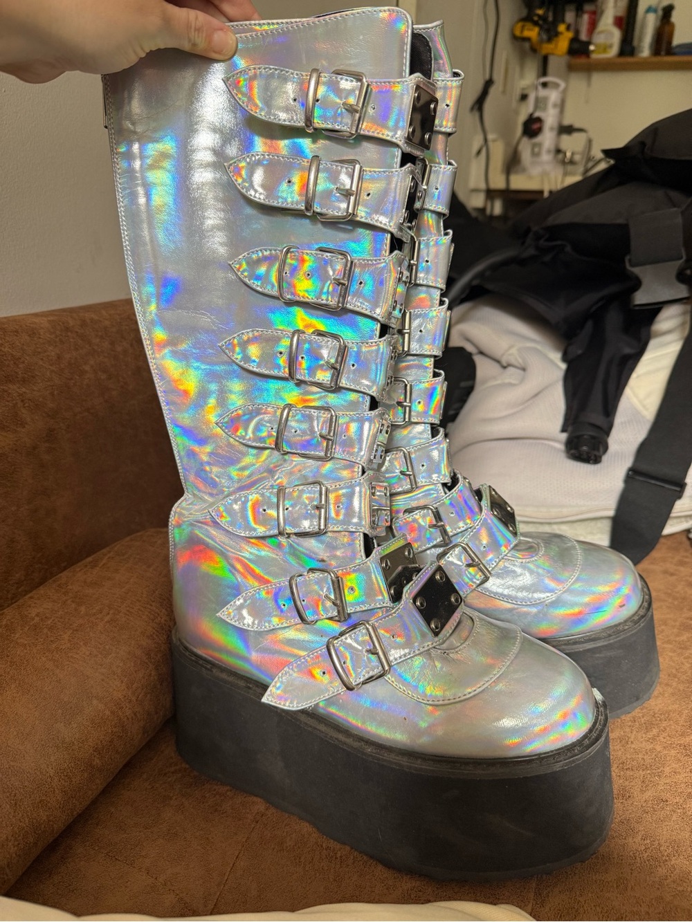Demonia Holographic Platform Buckle Boots
